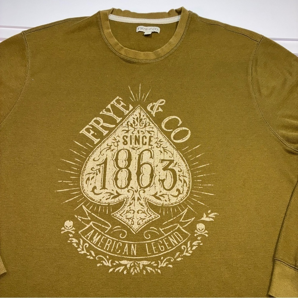 Frye & Co. Shirt Men 3XL Olive Waffle Knit Long Sleeve Crew Neck Graphic Print